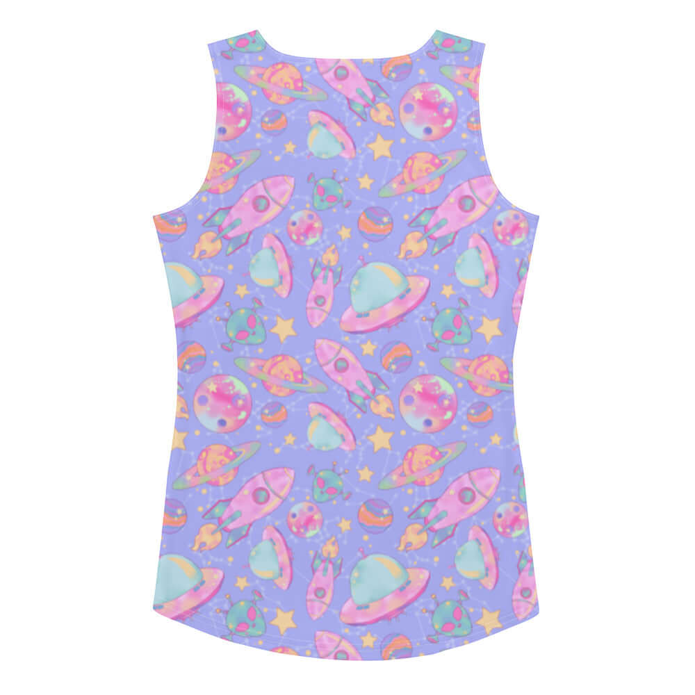 Colorful Space Tank Top featuring rockets and planets, perfect for a stylish workout. Order one size down for a snug fit!