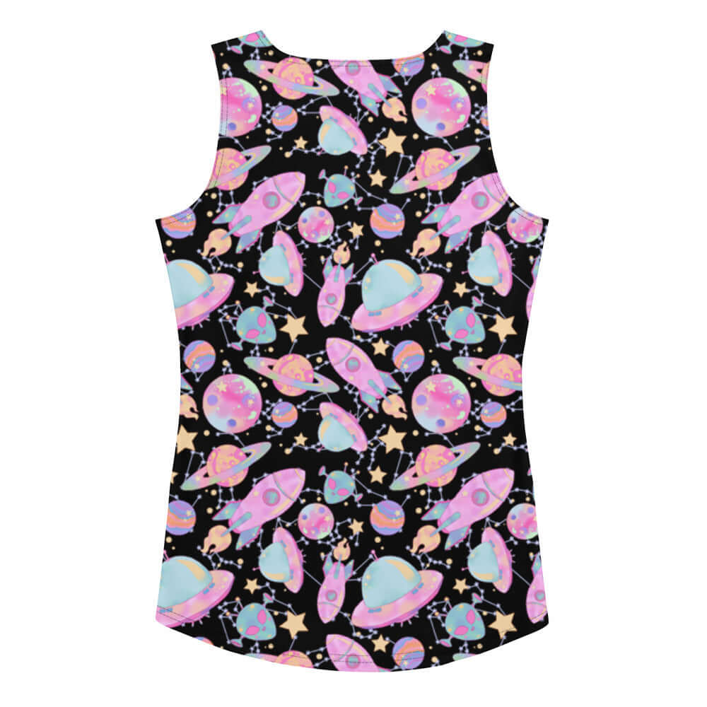 Colorful Space Tank Top featuring playful planets and rockets, perfect for an out-of-this-world workout style.