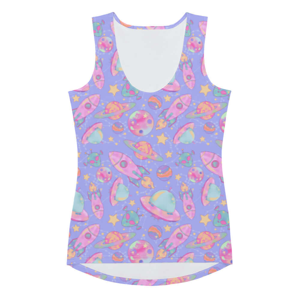 Stylish Space Tank Top featuring a vibrant cosmic design, perfect for workouts and looking fabulous.