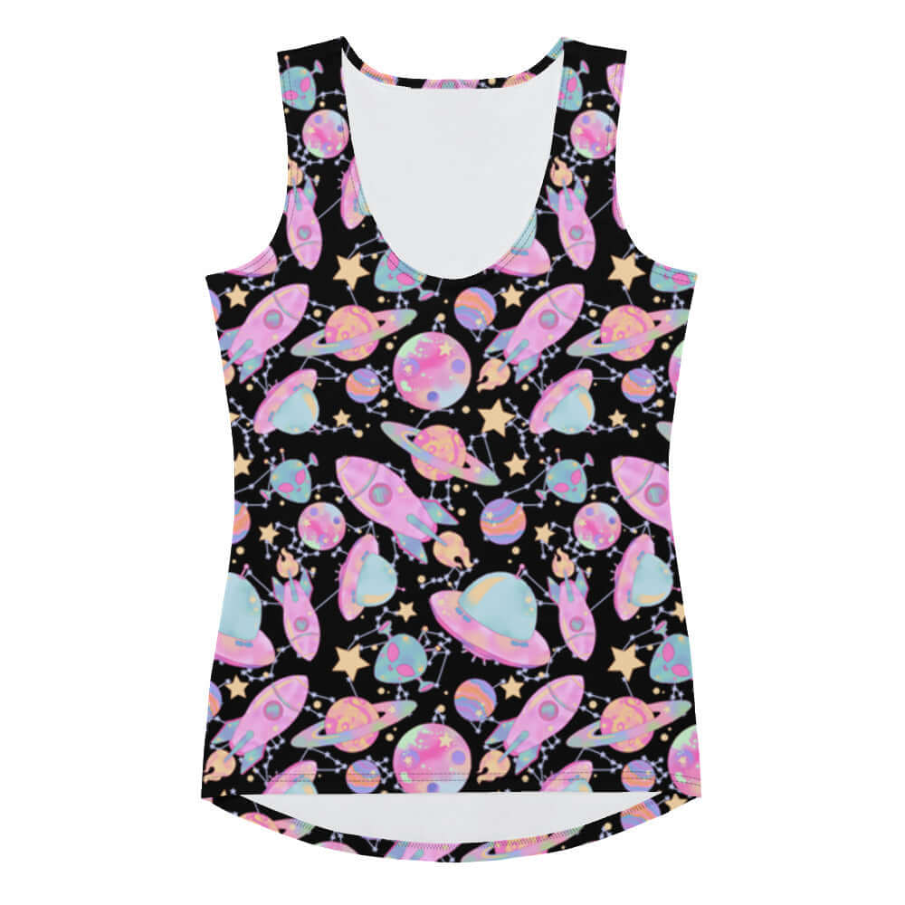 Colorful Space Tank Top with a vibrant galaxy print, perfect for workouts and making a stylish statement.