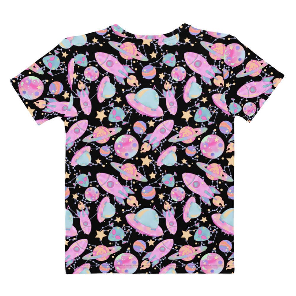 Colorful Space T-shirt featuring rockets and planets, perfect for casual wear or gym-to-town transitions.
