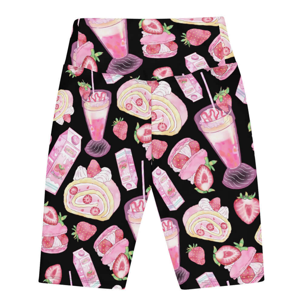 High-waisted Strawberry Biker Shorts featuring a vibrant fruit print for ultimate comfort and style. Perfect for pink lovers!