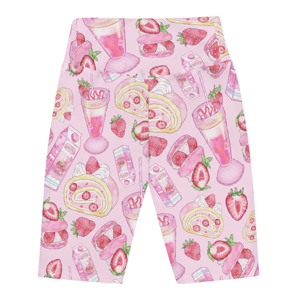 Flattering Strawberry Biker Shorts in pink with fun fruit prints, perfect for comfort and style this season.