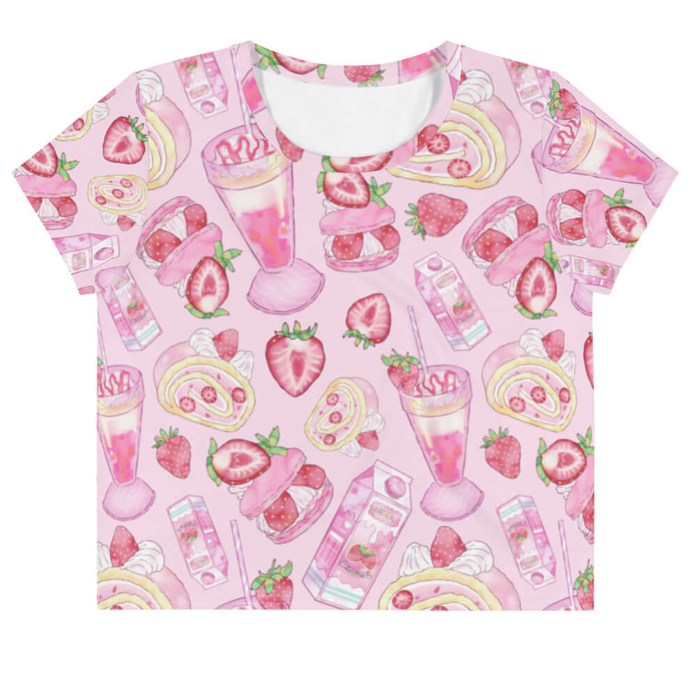Pastel pink Strawberry Crop Top featuring a cute, fruity design, perfect for achieving a kawaii aesthetic.