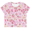 Pastel pink Strawberry Crop Top featuring a cute, fruity design, perfect for achieving a kawaii aesthetic.
