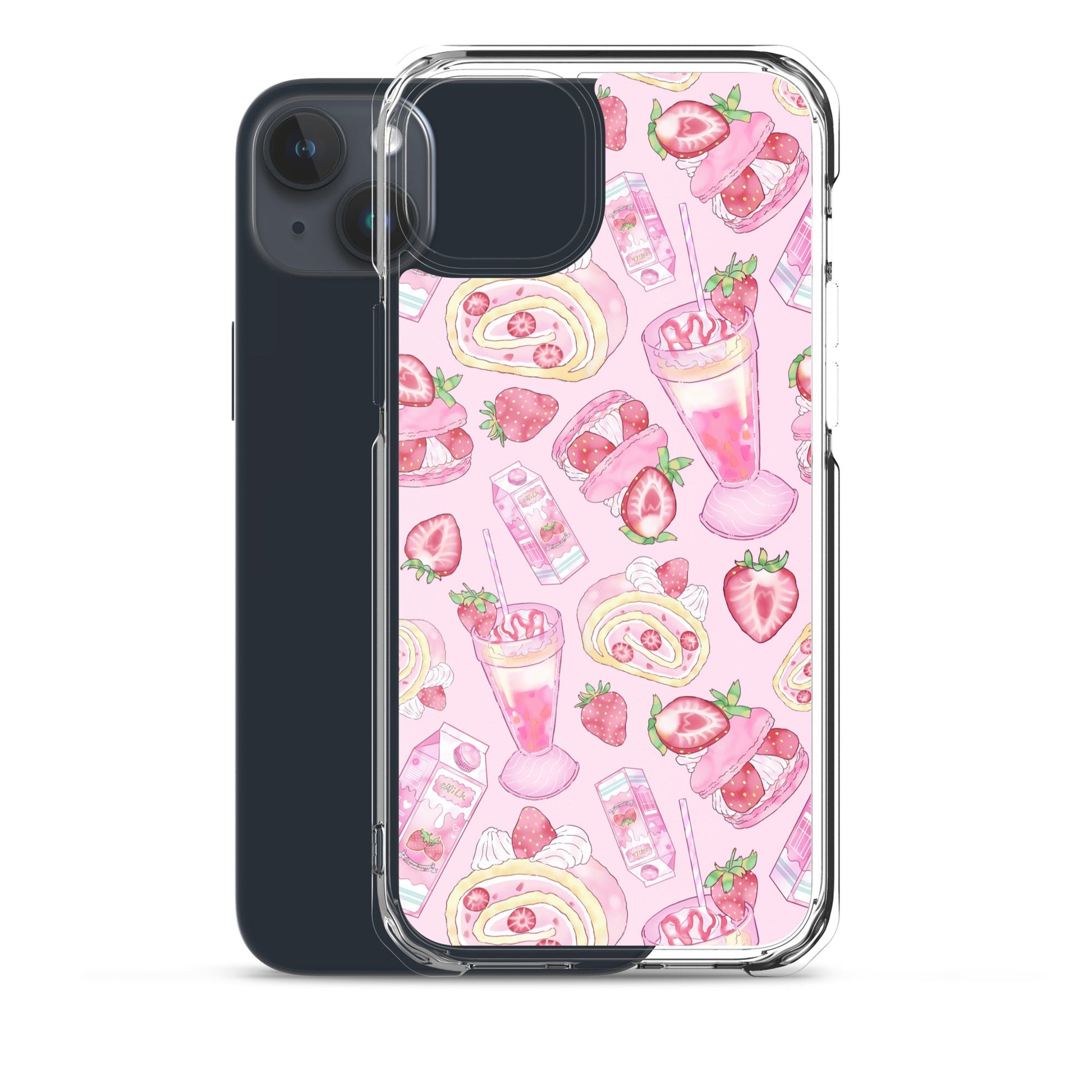 Stylish Strawberry iPhone® Clear Case featuring a fun dessert pattern, perfect for protecting your phone in style.