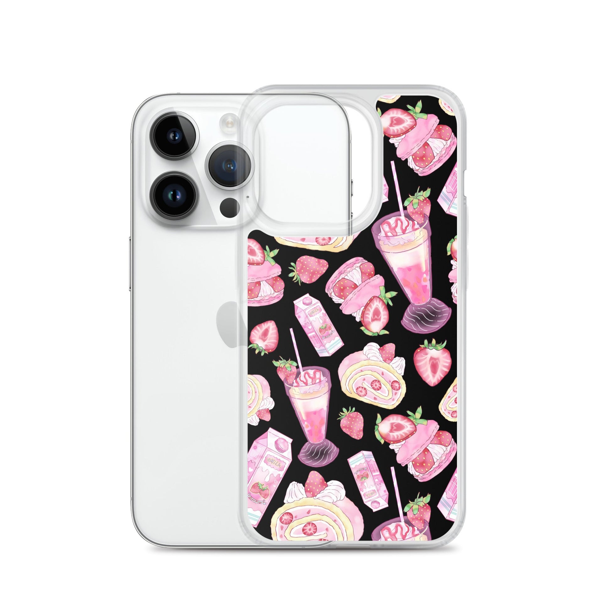 Stylish Strawberry iPhone® Clear Case featuring a dessert pattern, perfect for protecting your phone in style.