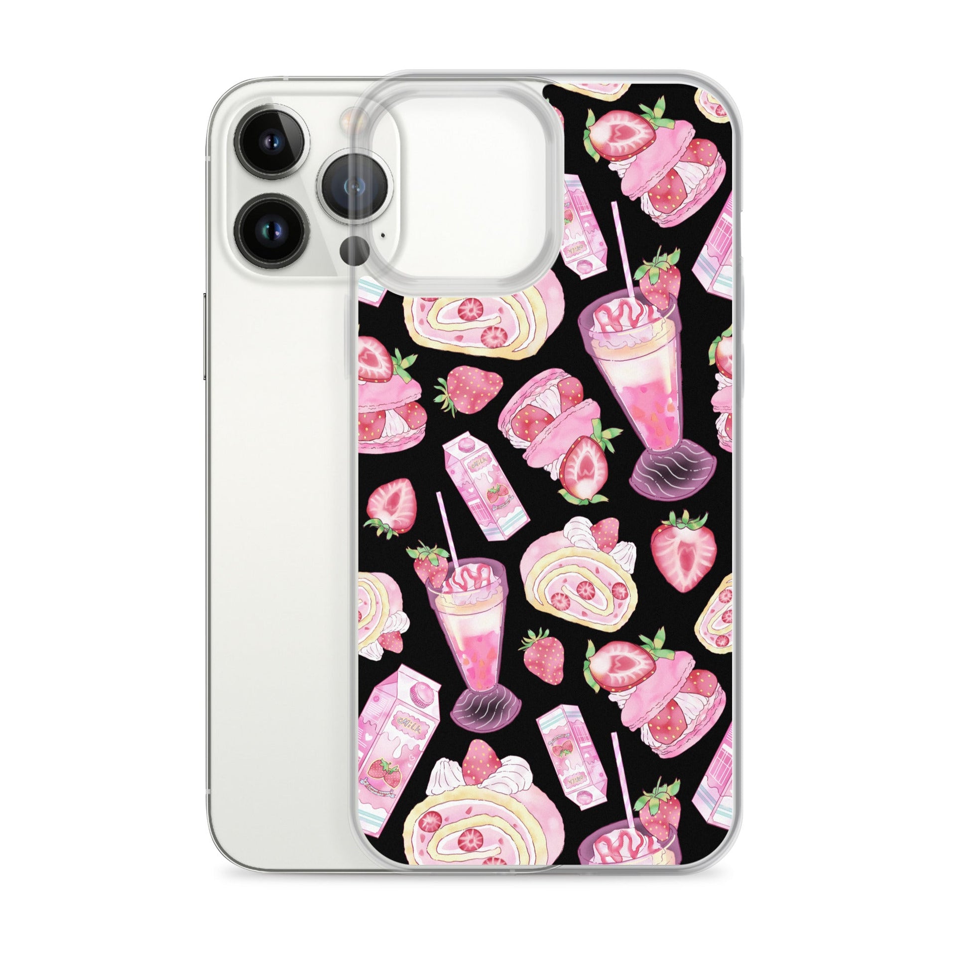Stylish Strawberry iPhone® Clear Case featuring a vibrant dessert pattern, perfect for dessert lovers.