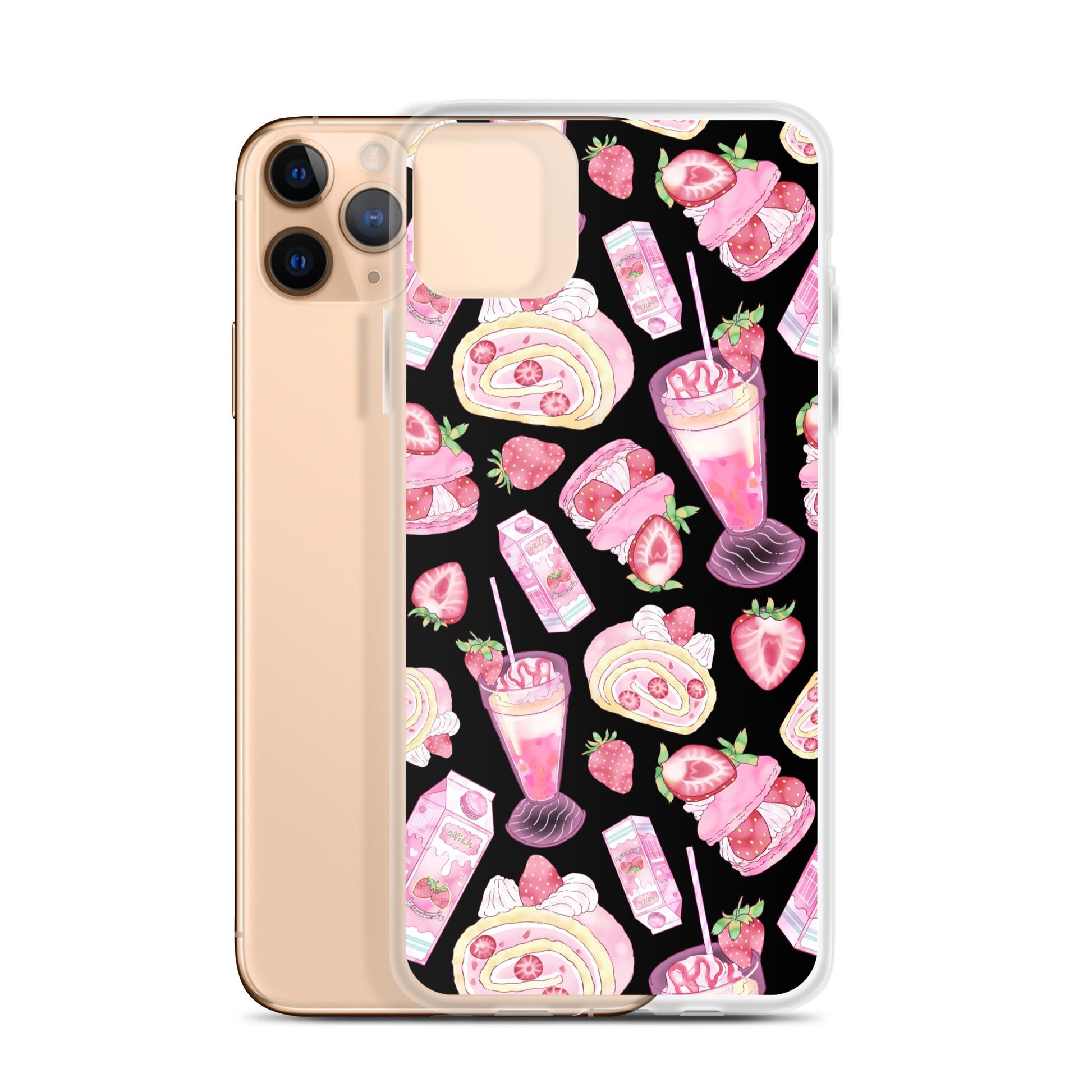 Stylish Strawberry iPhone® Clear Case with dessert pattern, protecting your phone in pink or black hues.