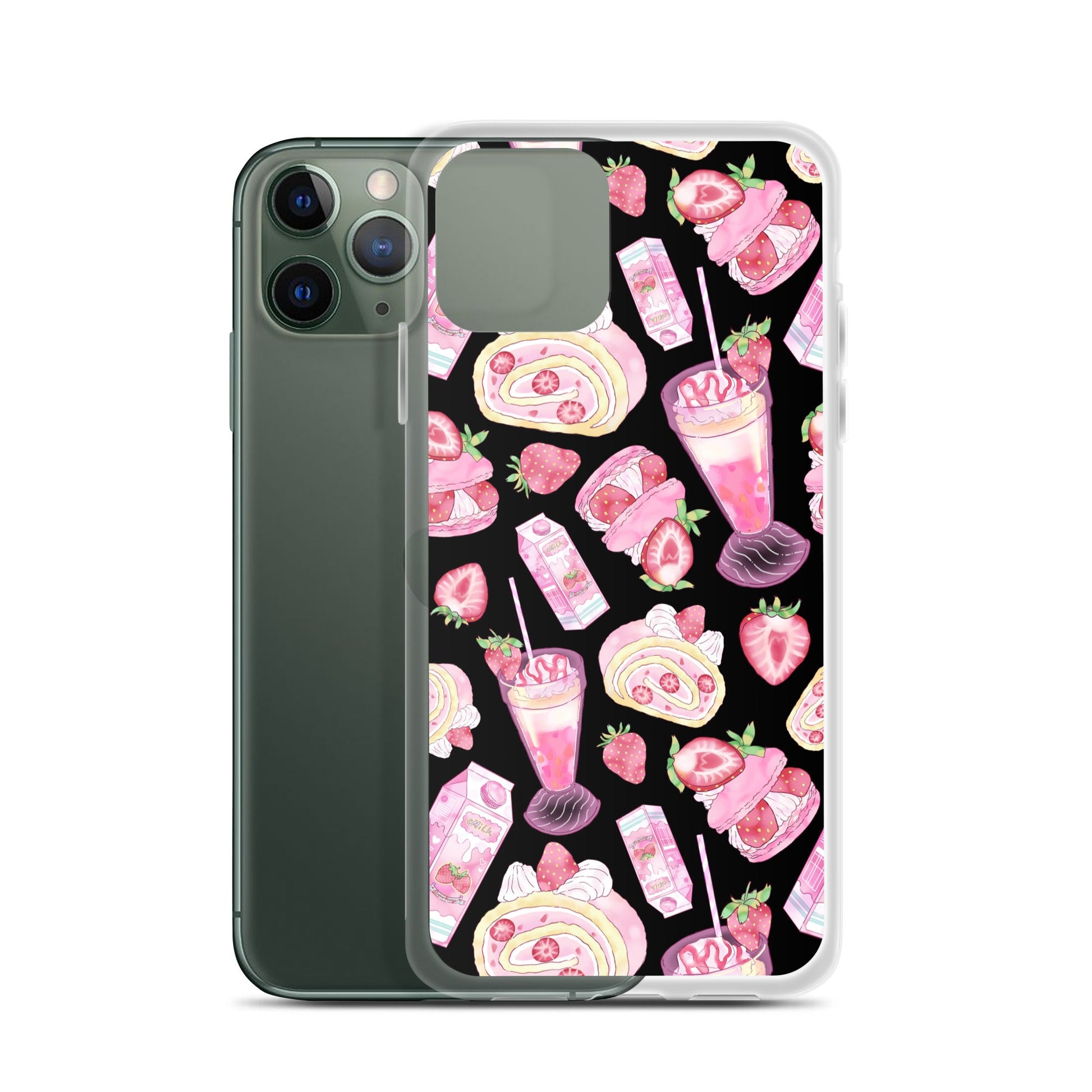 Sleek Strawberry iPhone® Clear Case featuring fun dessert patterns, perfect for style and protection.