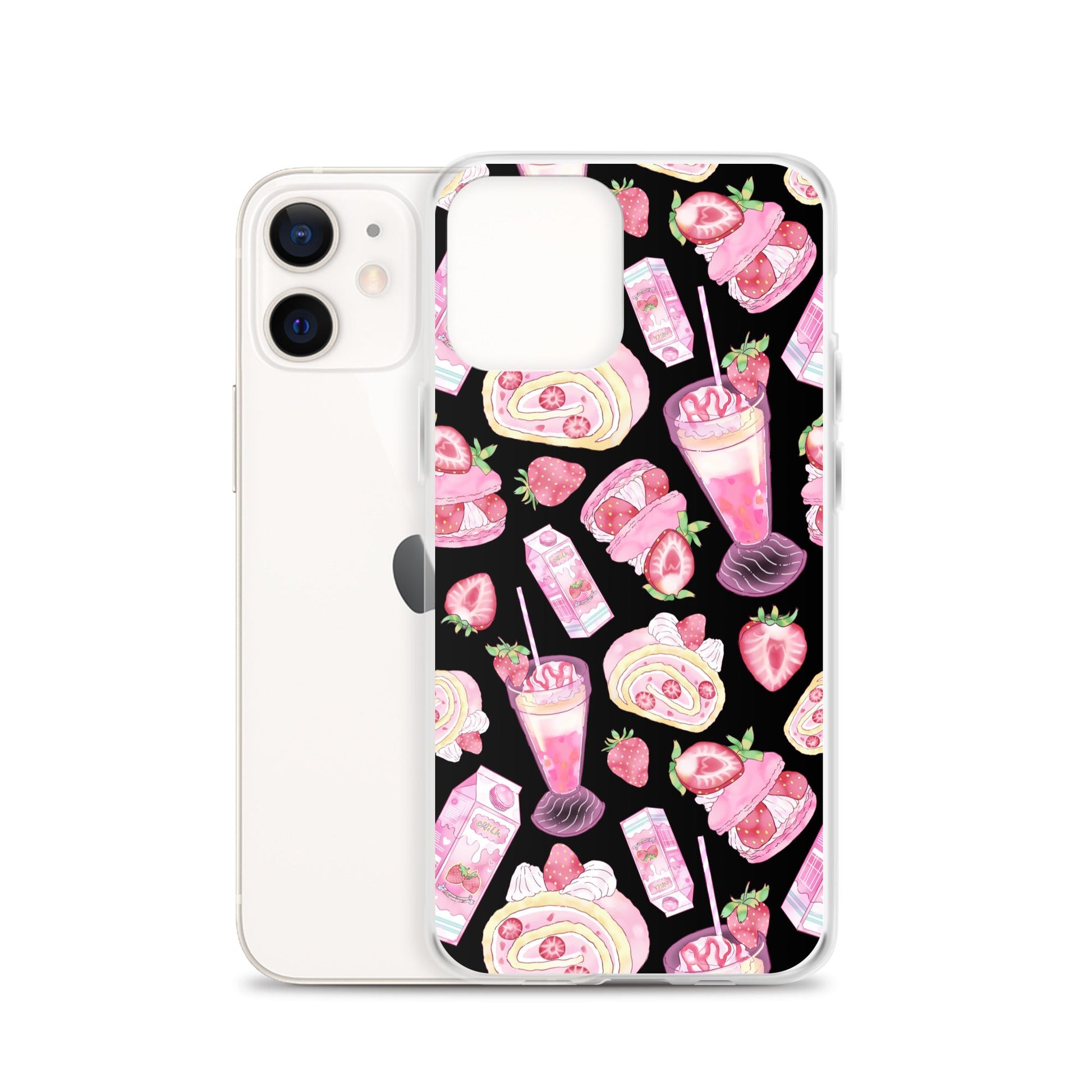 Stylish Strawberry iPhone® Clear Case featuring fun dessert patterns, perfect for protecting your phone in style.