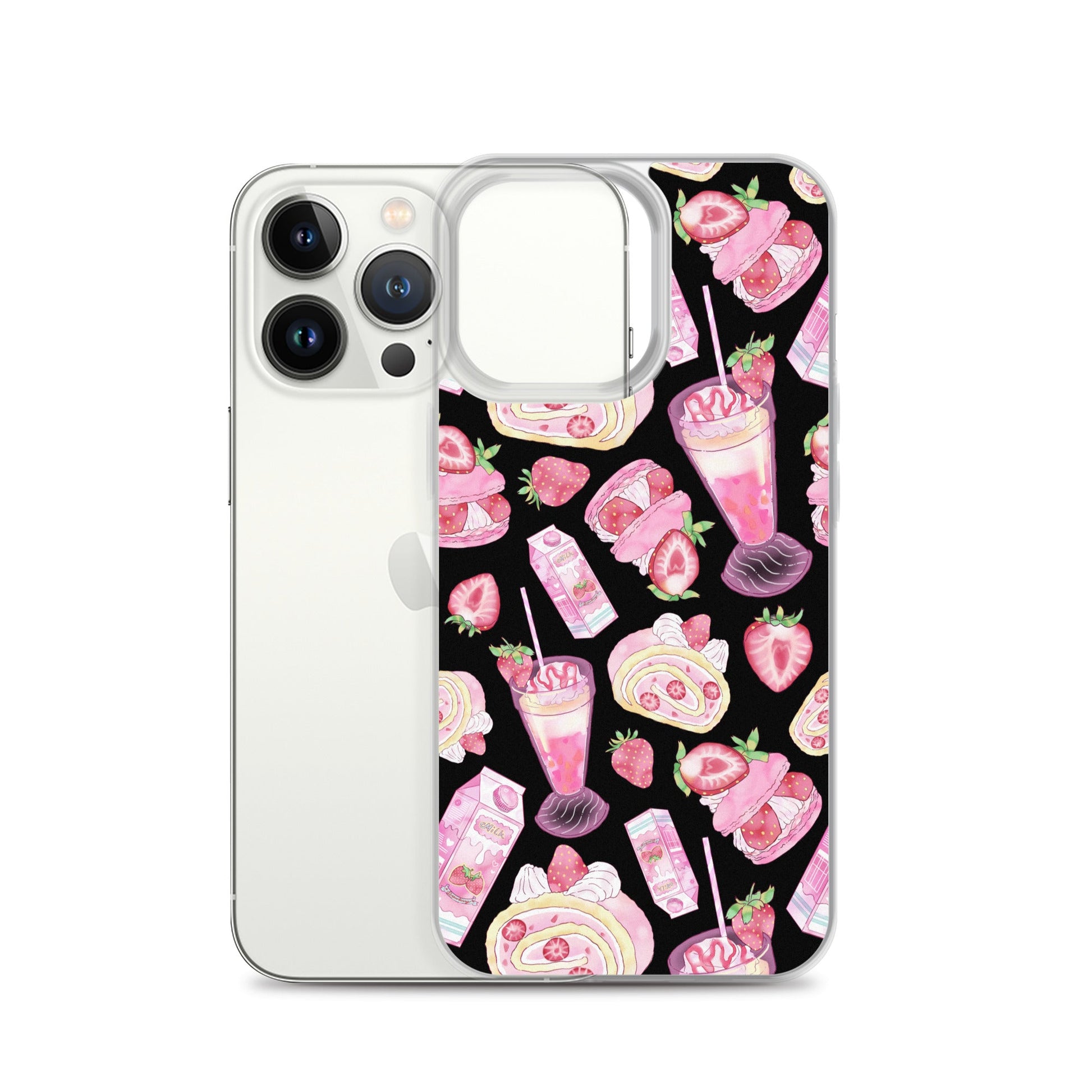 Stylish Strawberry iPhone® Clear Case featuring vibrant dessert designs, perfect for protecting your phone in style.