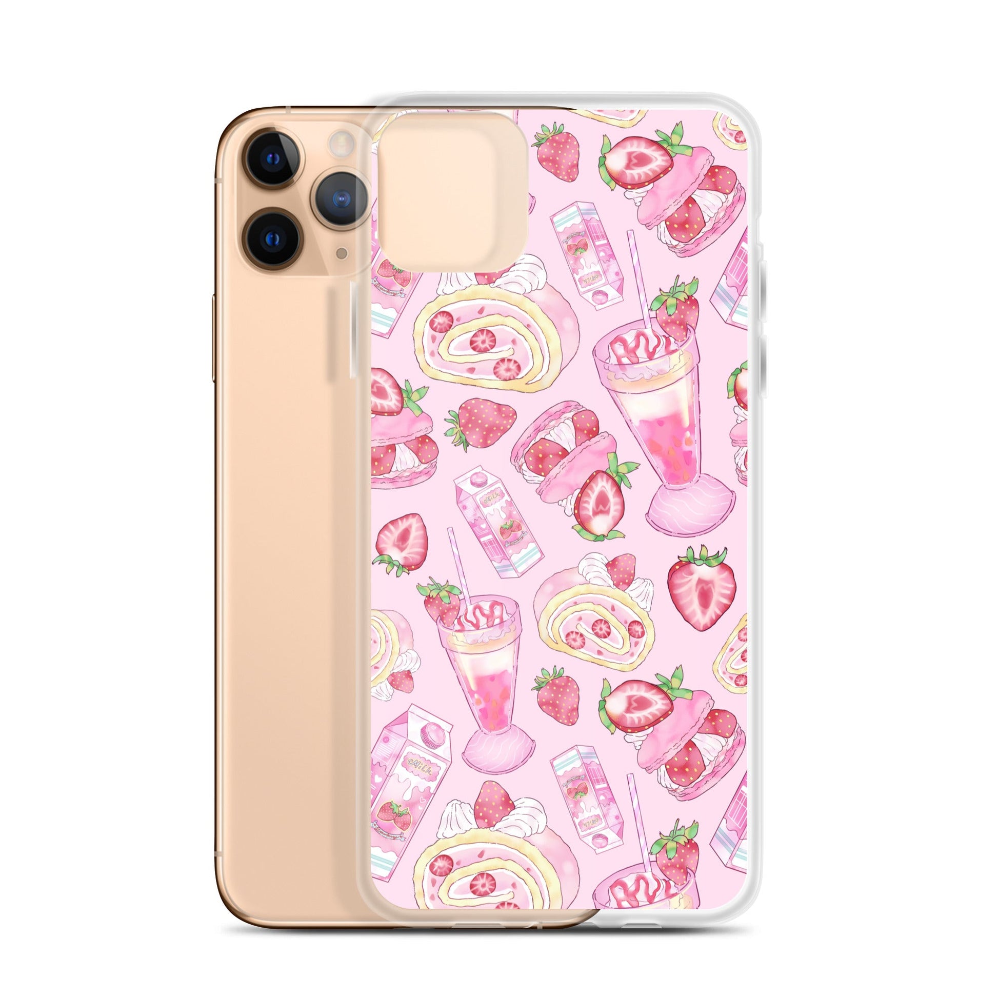 Stylish Strawberry iPhone® Clear Case featuring a pink dessert design, perfect for any aesthetic while protecting your phone.