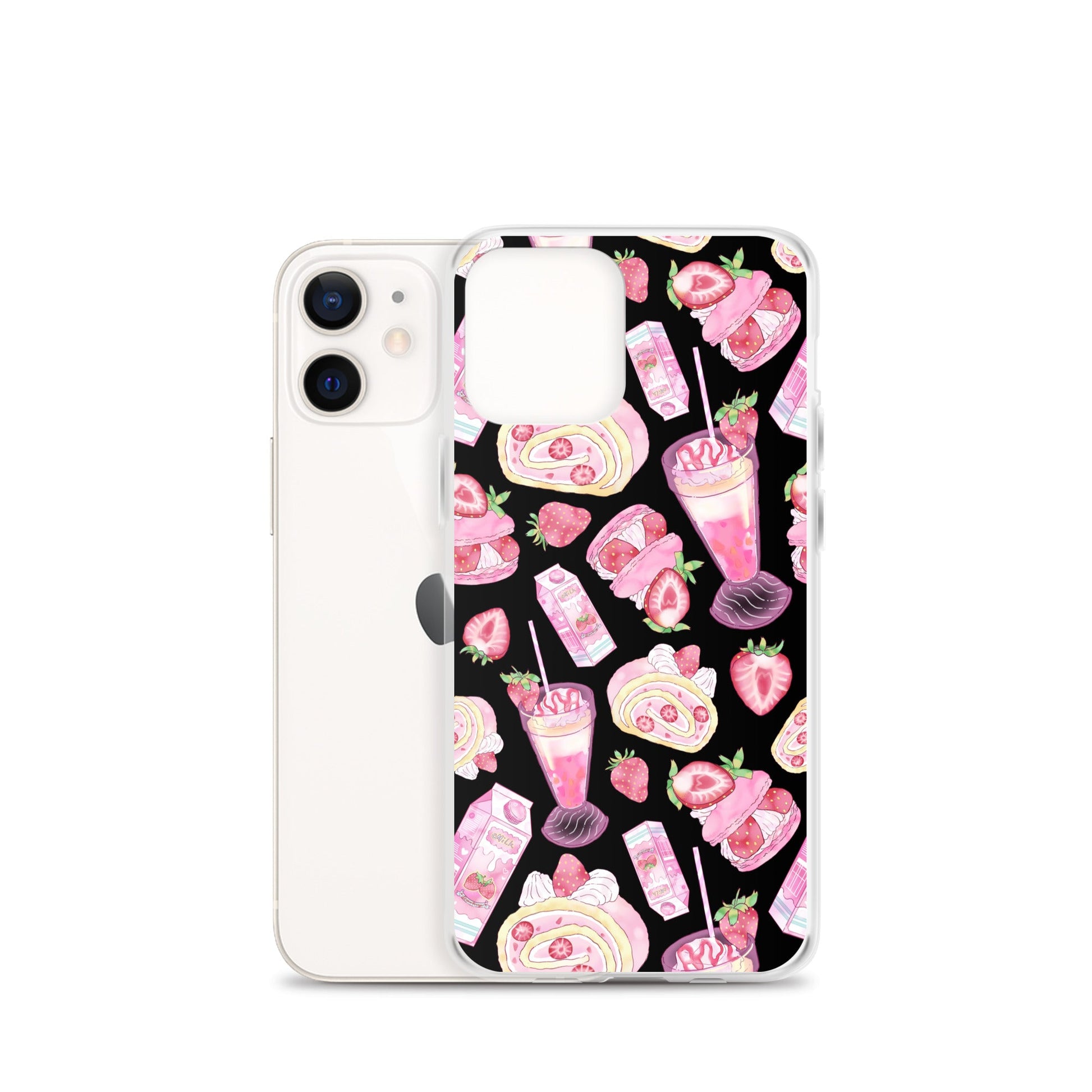 Stylish Strawberry iPhone® Clear Case featuring a playful dessert pattern, perfect for protection and aesthetic appeal.