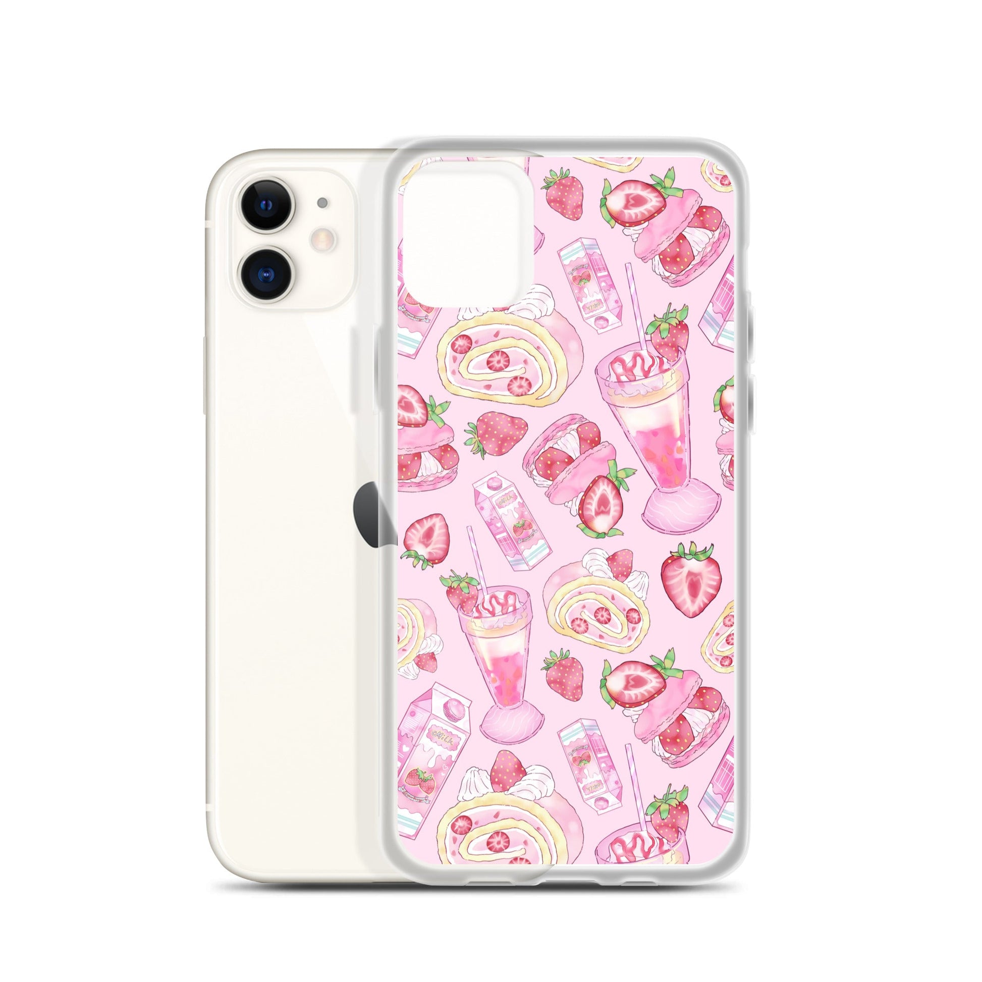 Stylish Strawberry iPhone® Clear Case features fun pink dessert illustrations for ultimate protection and flair.