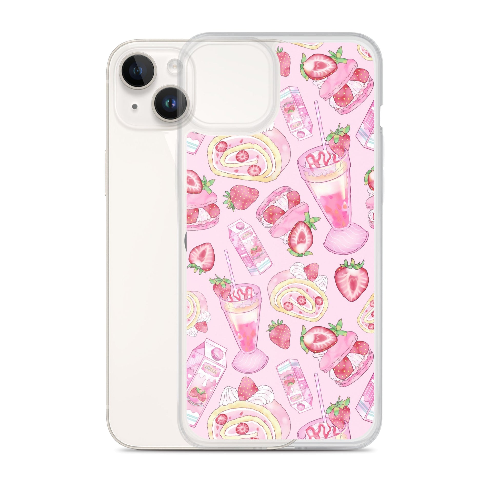 Colorful Strawberry iPhone® Clear Case featuring a pink dessert pattern, perfect for stylish protection.