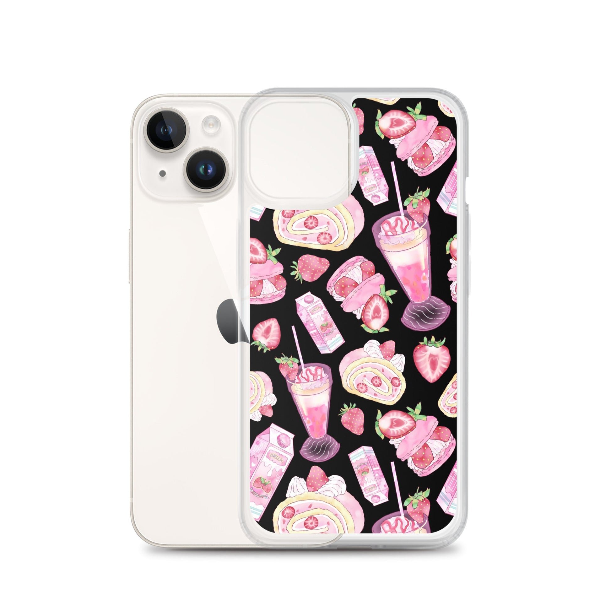 Stylish Strawberry iPhone® Clear Case featuring a fun dessert pattern, perfect for protecting your phone in style.