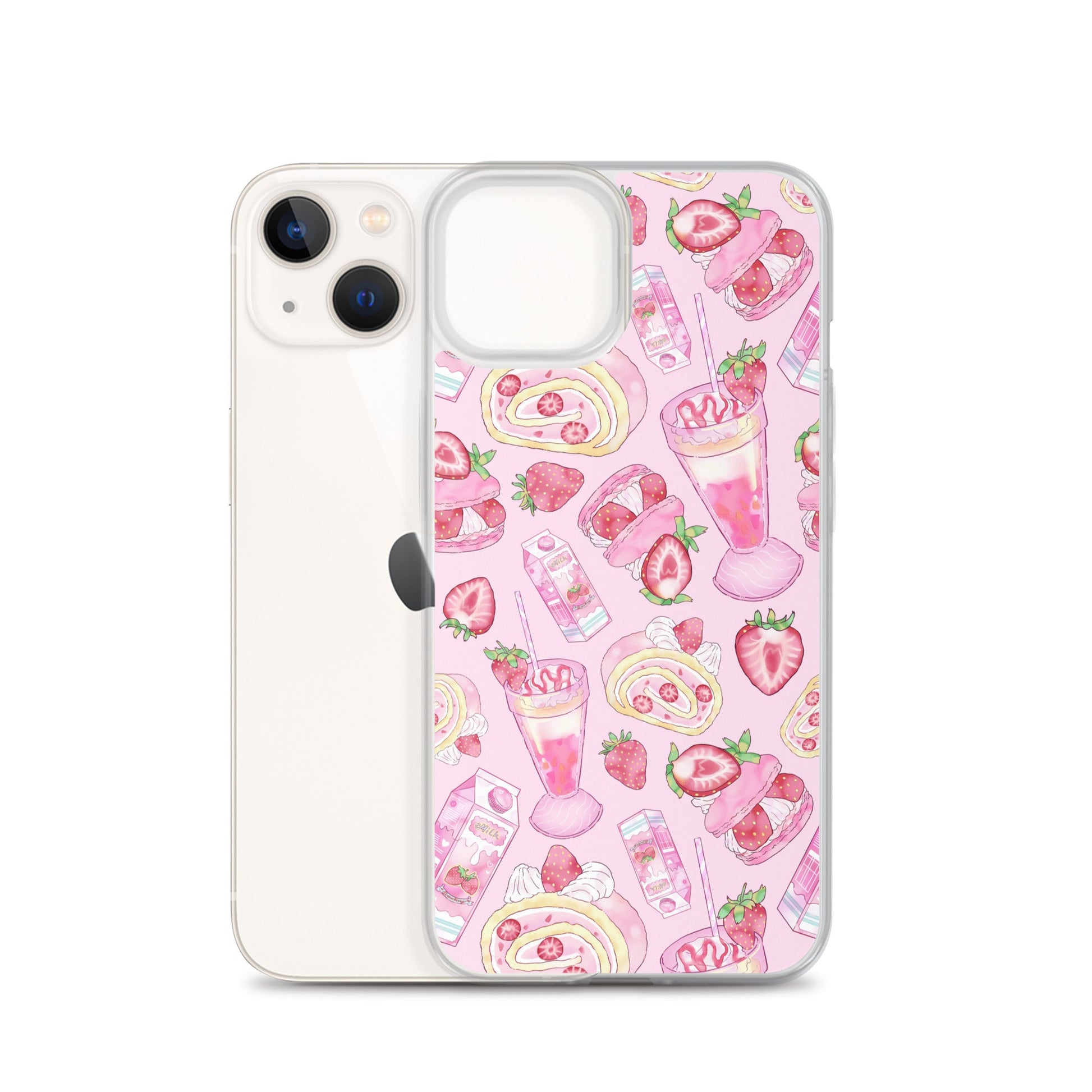 Colorful Strawberry iPhone® Clear Case showcasing delightful dessert patterns, perfect for style and protection.