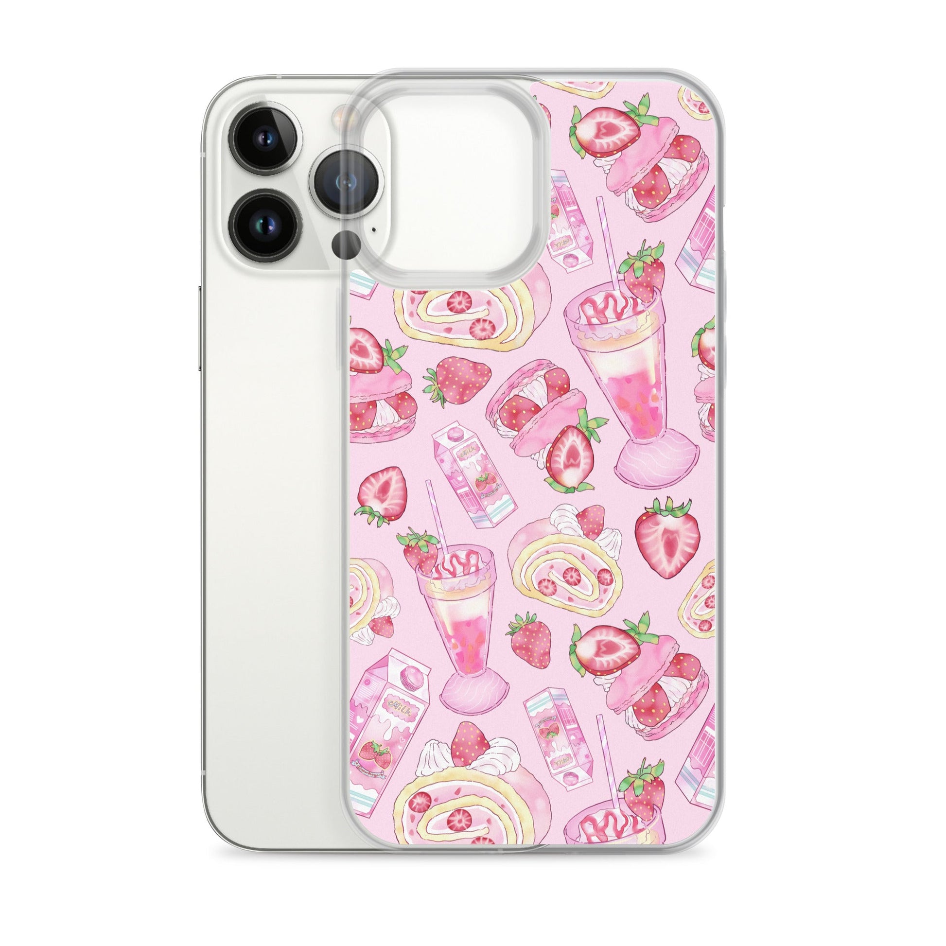 Stylish Strawberry iPhone® Clear Case featuring a pink dessert pattern, perfect for protecting your phone.