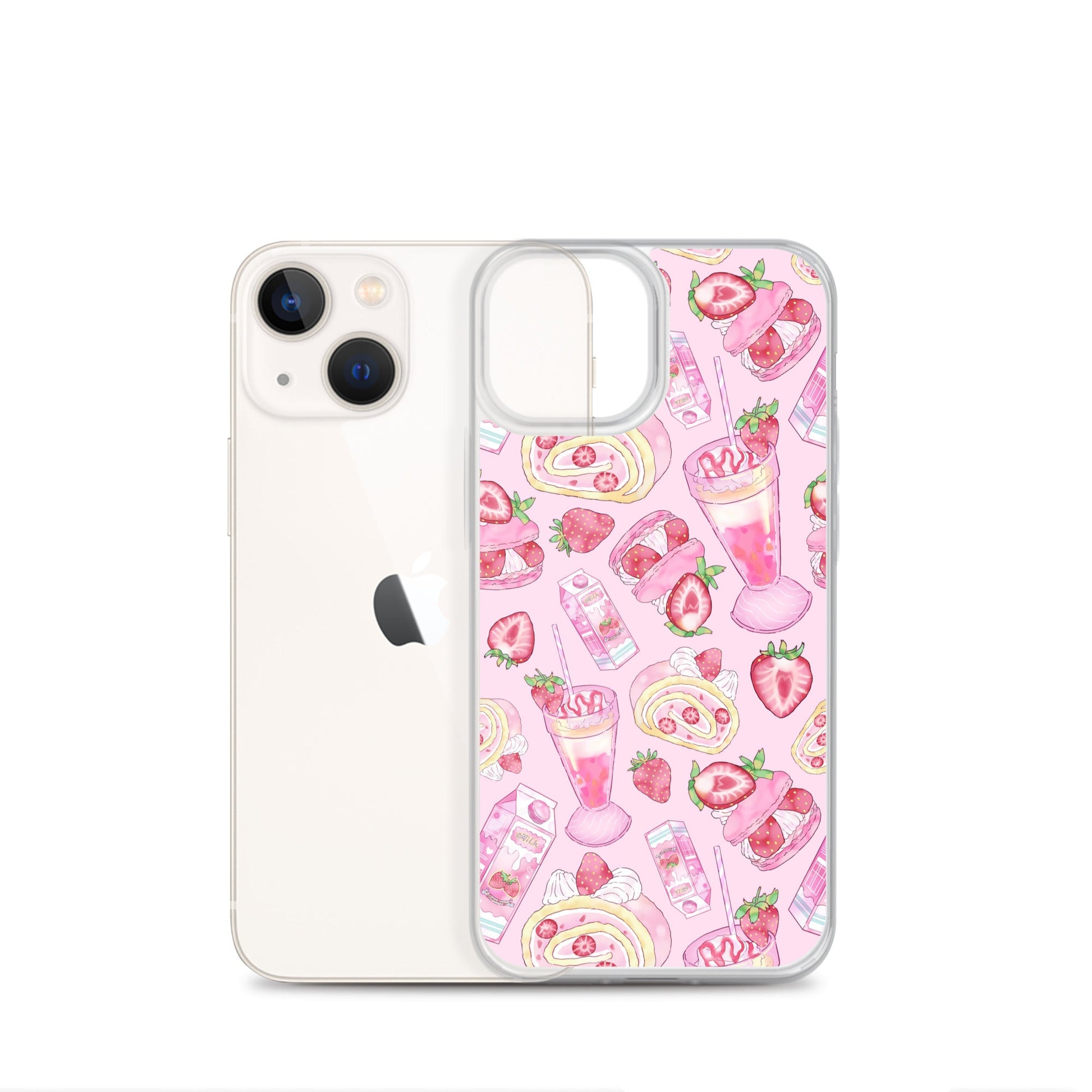 Stylish Strawberry iPhone® Clear Case featuring a pink dessert pattern, perfect for protecting your phone.