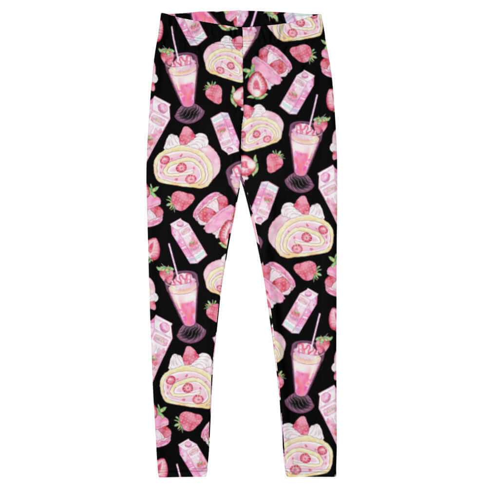 Vibrant Strawberry Leggings with playful prints of strawberries and treats on a black background, perfect for strawberry lovers!