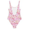 Pastel pink Strawberry One-Piece Swimsuit featuring a fun print, perfect for a kawaii summer vibe at your favorite store.