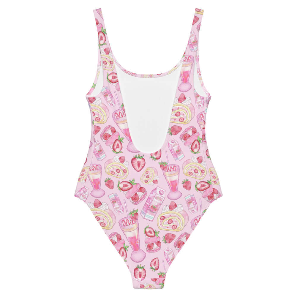 Pastel pink Strawberry One-Piece Swimsuit featuring a fun print, perfect for a kawaii summer vibe at your favorite store.