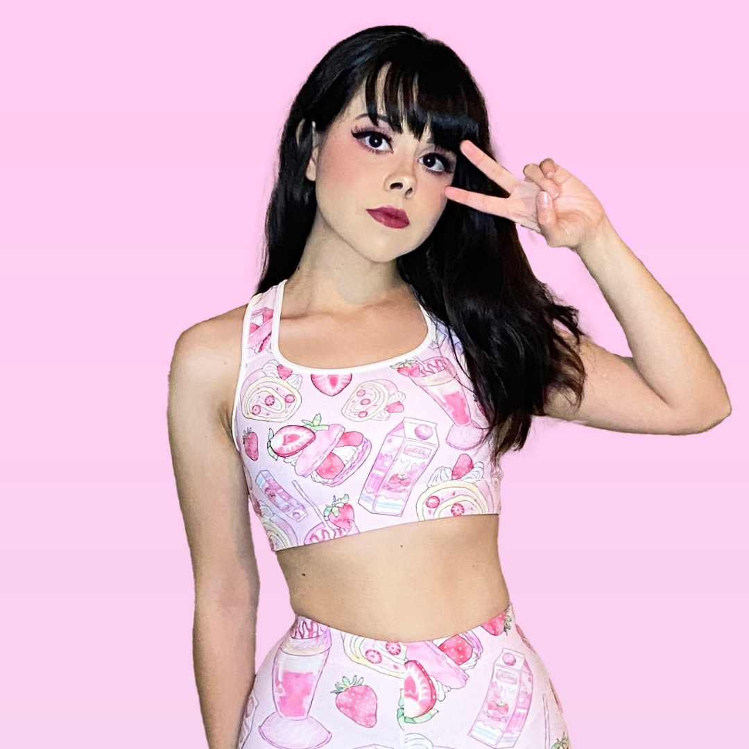 Stylish Strawberry Sports Bra featuring a playful fruit design, perfect for workouts and casual wear.
