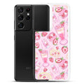 Stylish Strawberry Samsung® Clear Case featuring a pink dessert pattern, perfect for protecting your phone.
