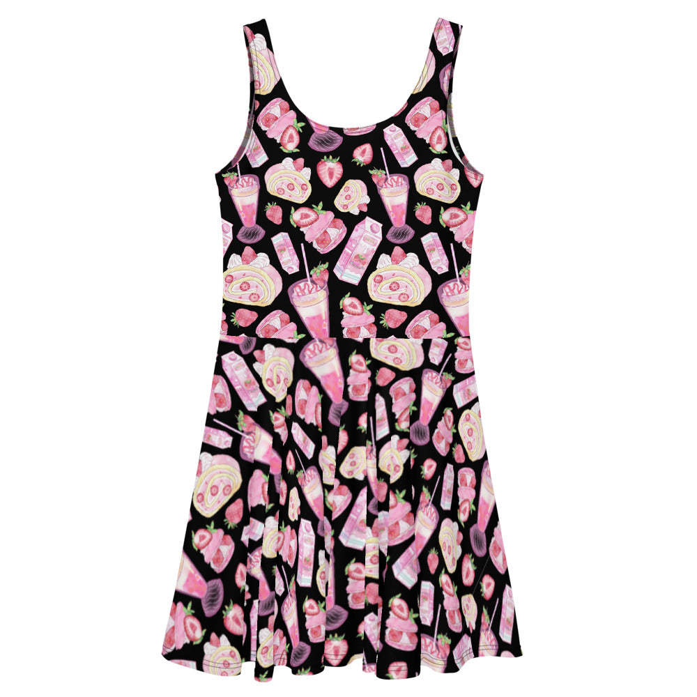 Sweet Strawberry Skater Dress featuring vibrant prints and a flared skirt, perfect for any occasion.