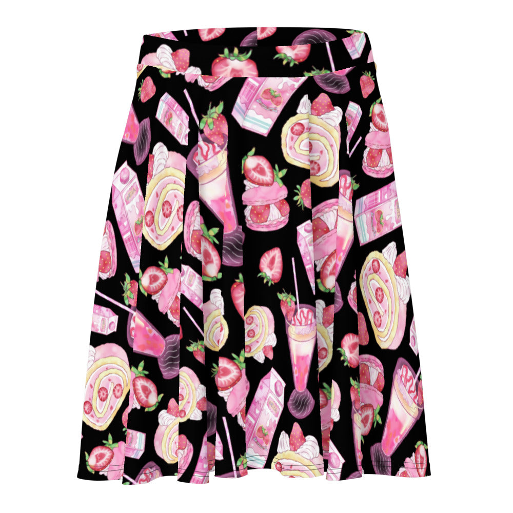 Stylish Strawberry Skater Skirt featuring a sweet print, perfect for any occasion with a comfy elastic waistband.
