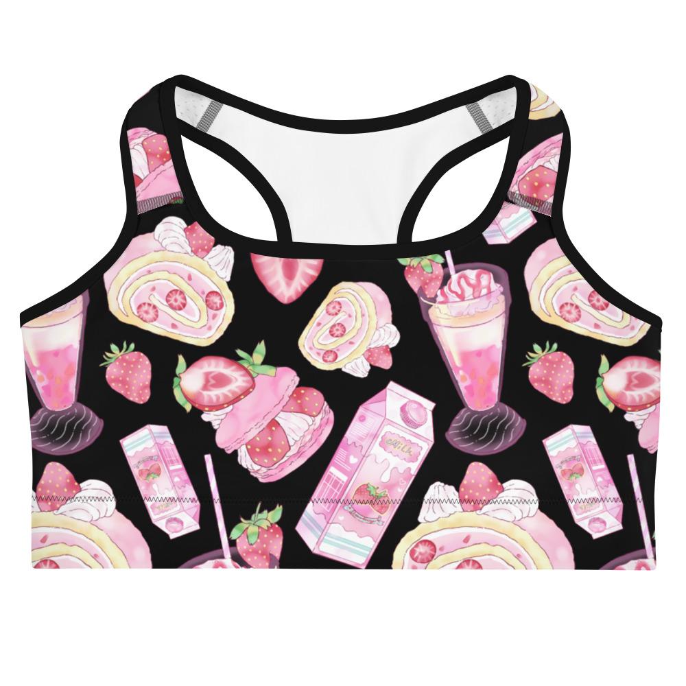 Stylish Strawberry Sports Bra featuring a fun dessert pattern, perfect for workouts and casual wear.