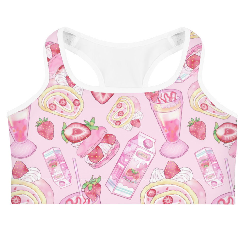 Stylish Strawberry Sports Bra featuring a fun pink dessert pattern, perfect for any active occasion.