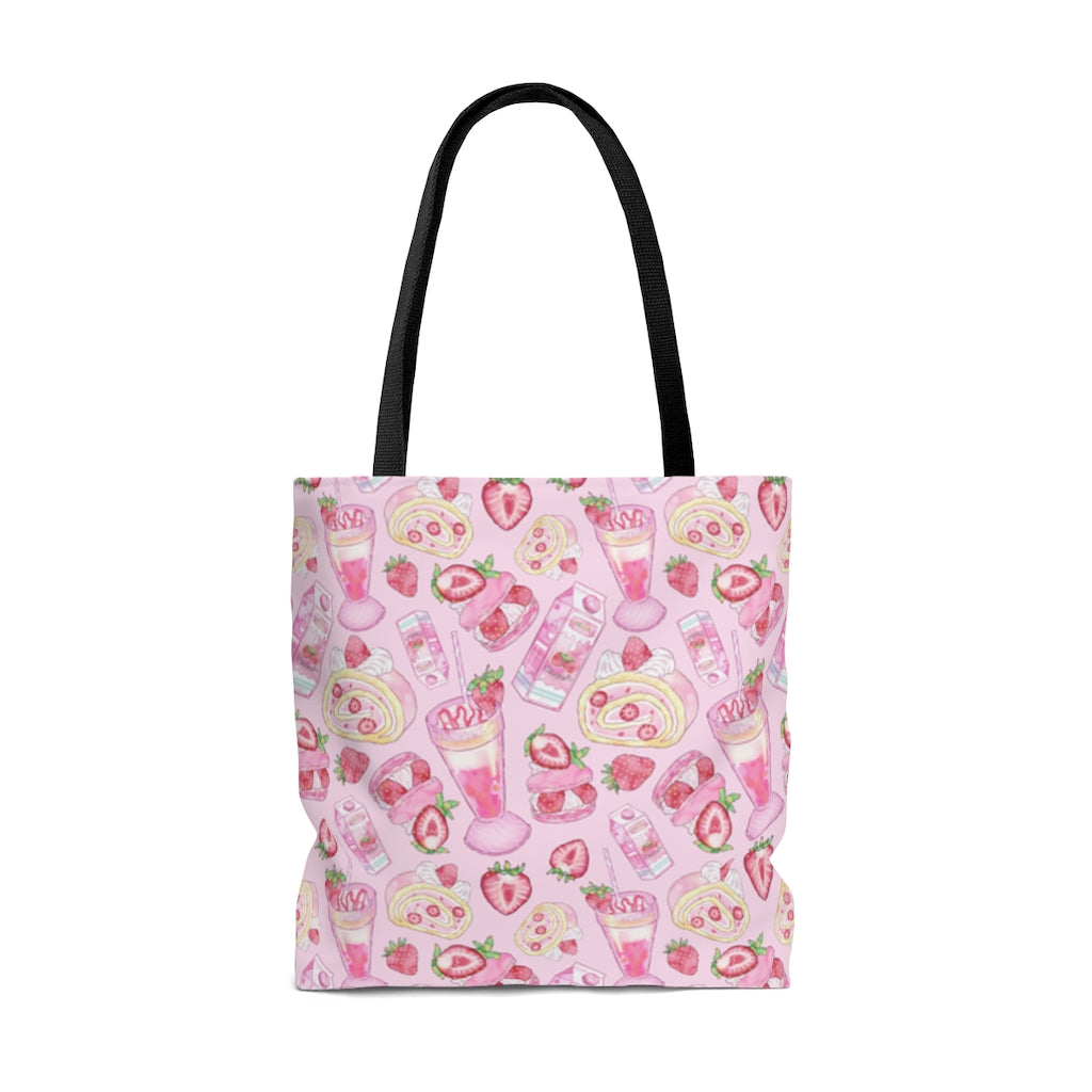 Cute and vibrant Strawberry Tote Bag (Pink) perfect for gym, beach, or travel—durable with comfy cotton straps.