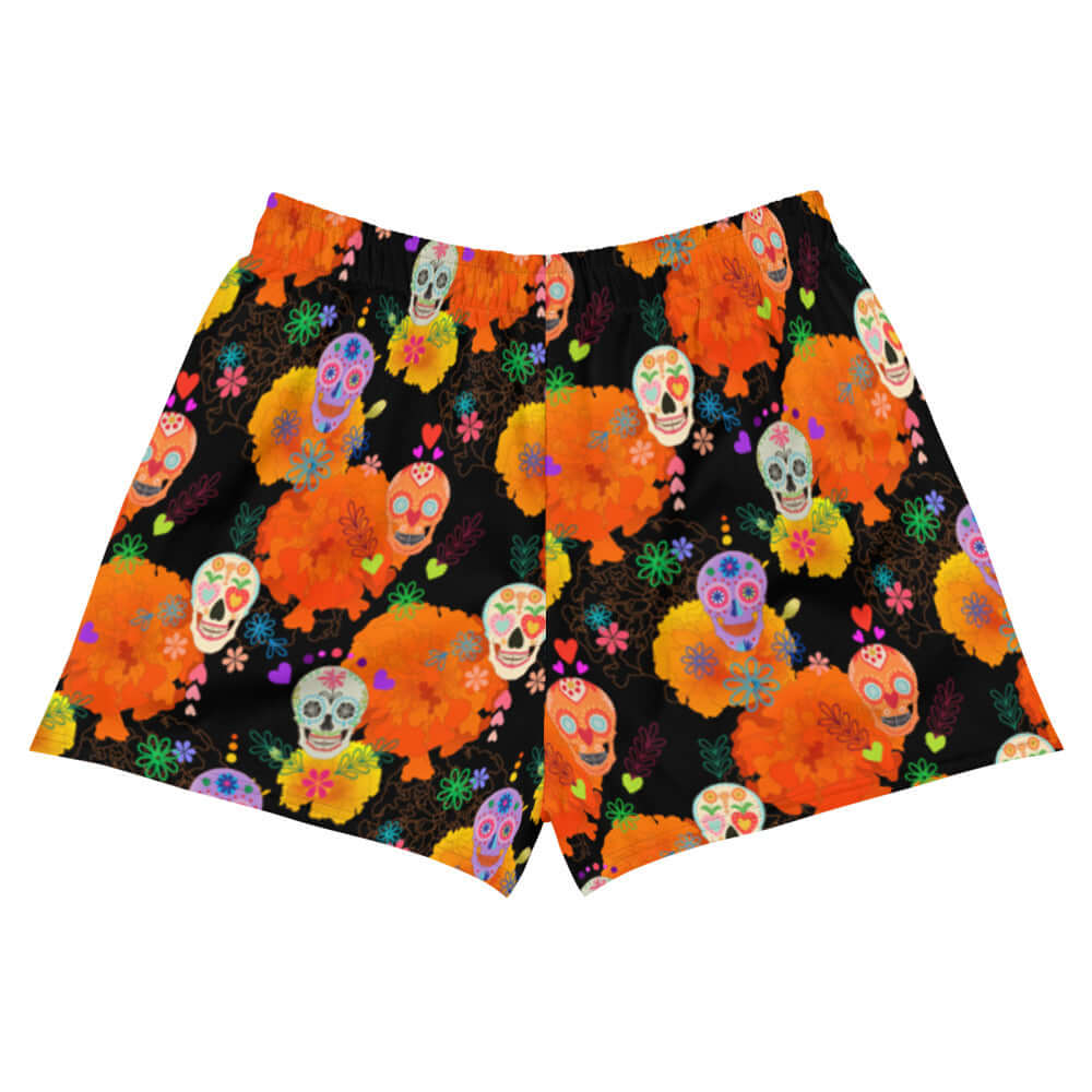 Colorful Sugar Skull Athletic Short Shorts featuring vibrant designs, perfect for festive activities and everyday wear.