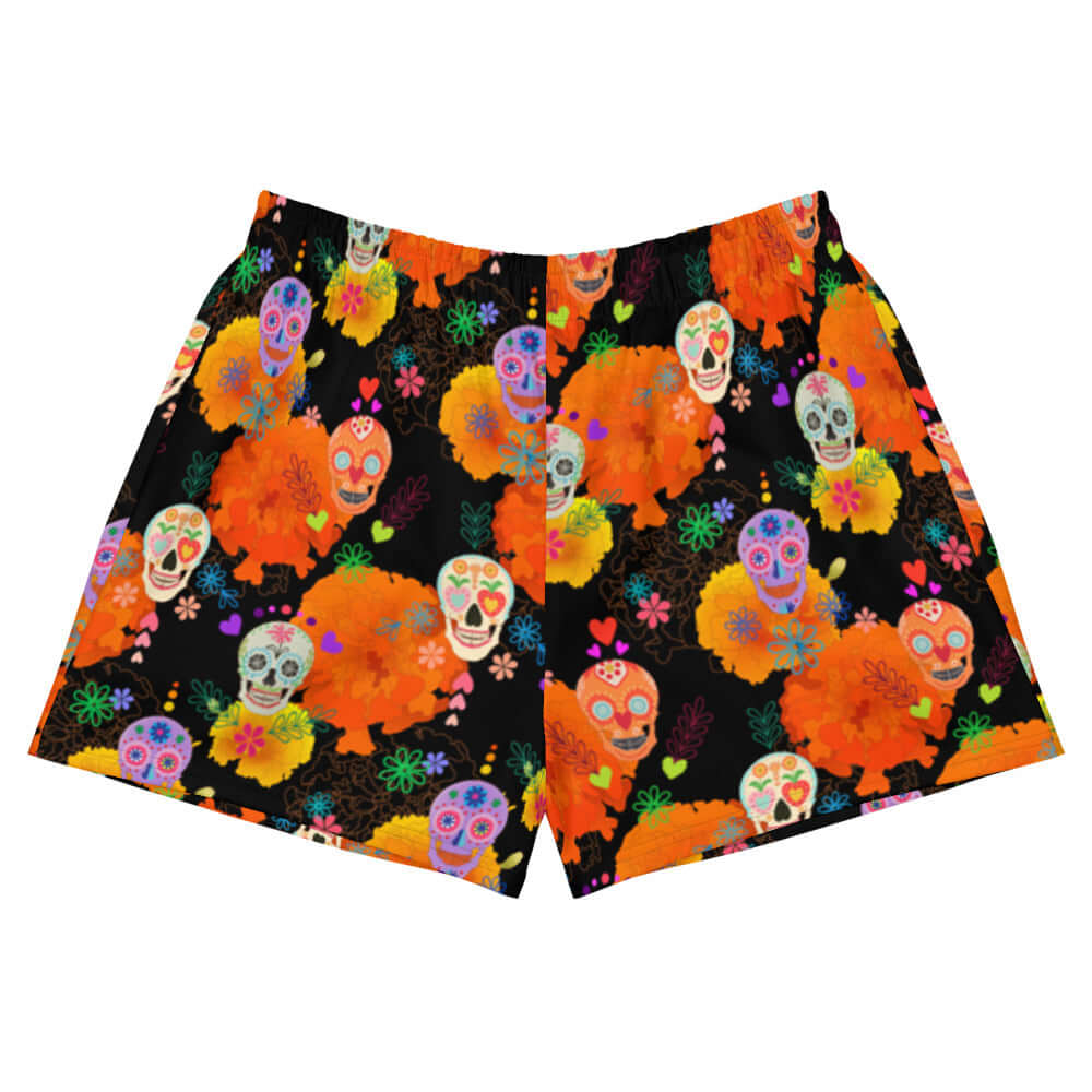 Stylish Sugar Skull Athletic Short Shorts featuring vibrant designs, perfect for any festive occasion or casual wear.