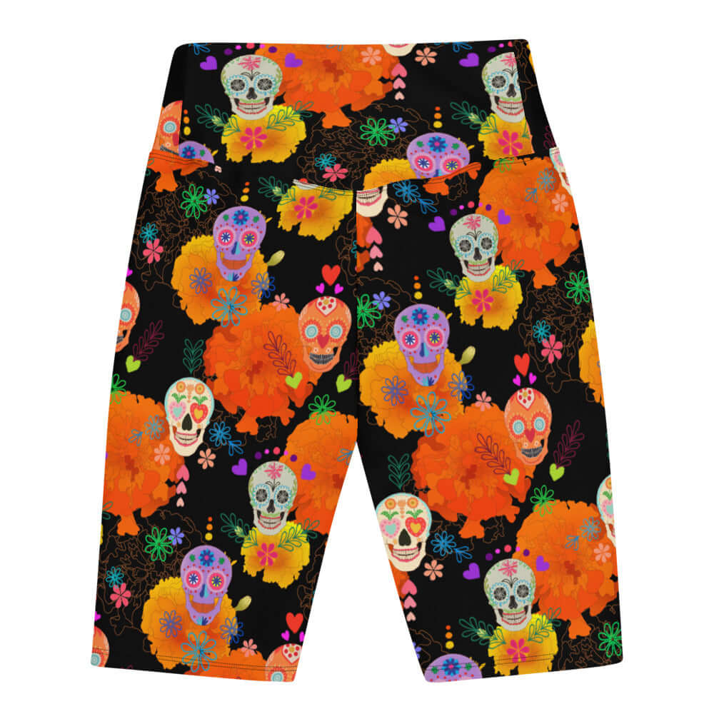 Colorful Sugar Skull Biker Shorts featuring festive designs, perfect for any occasion or holiday celebration.