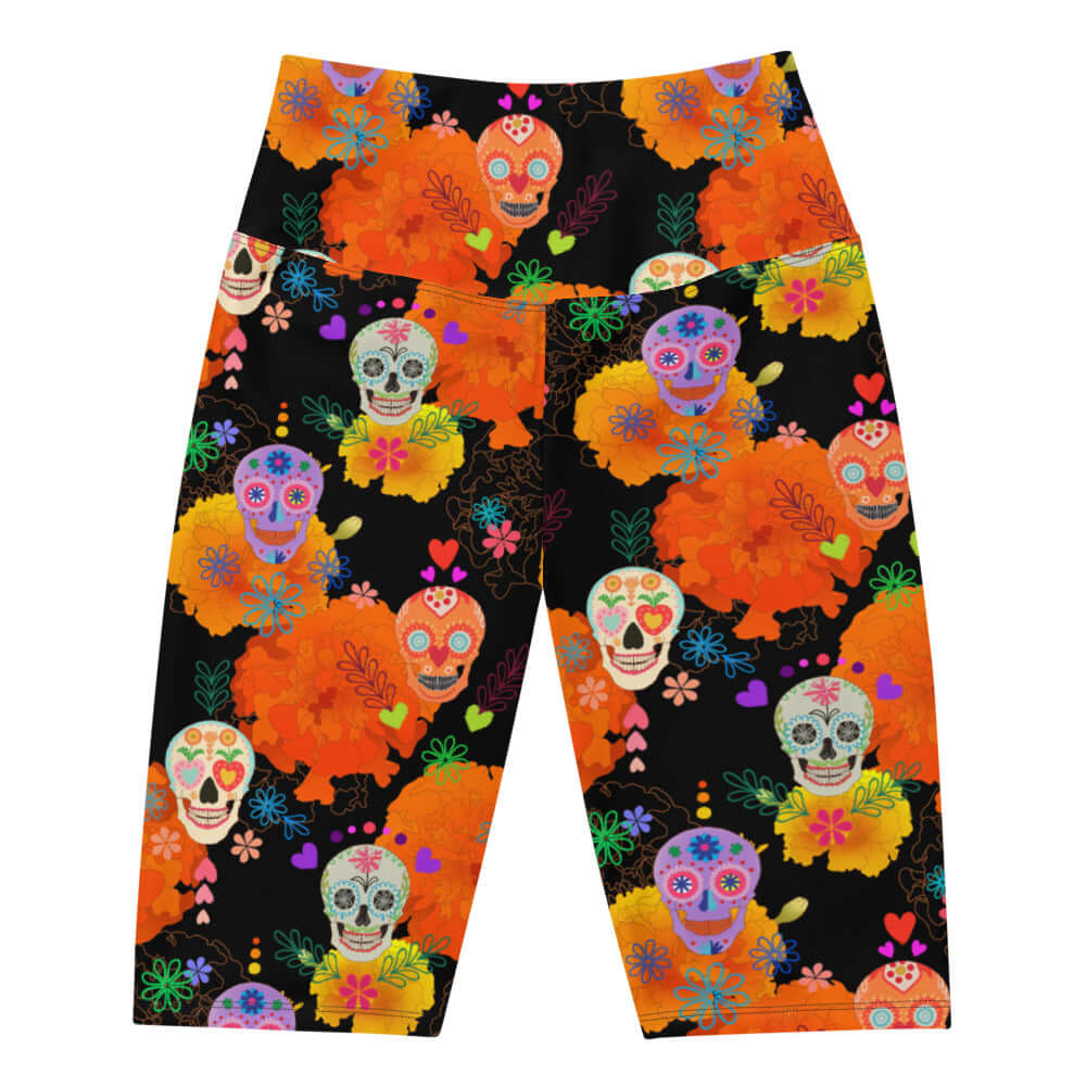 Vibrant Sugar Skull Biker Shorts, perfect for festive fun or casual wear any time. Ideal for all outfits!