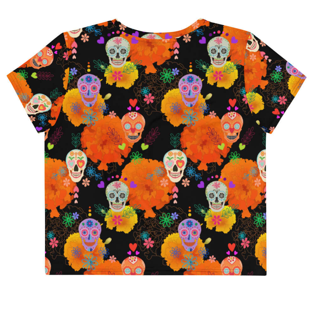 Colorful Sugar Skull Crop Top featuring vibrant skull designs, perfect for festive celebrations or casual wear.