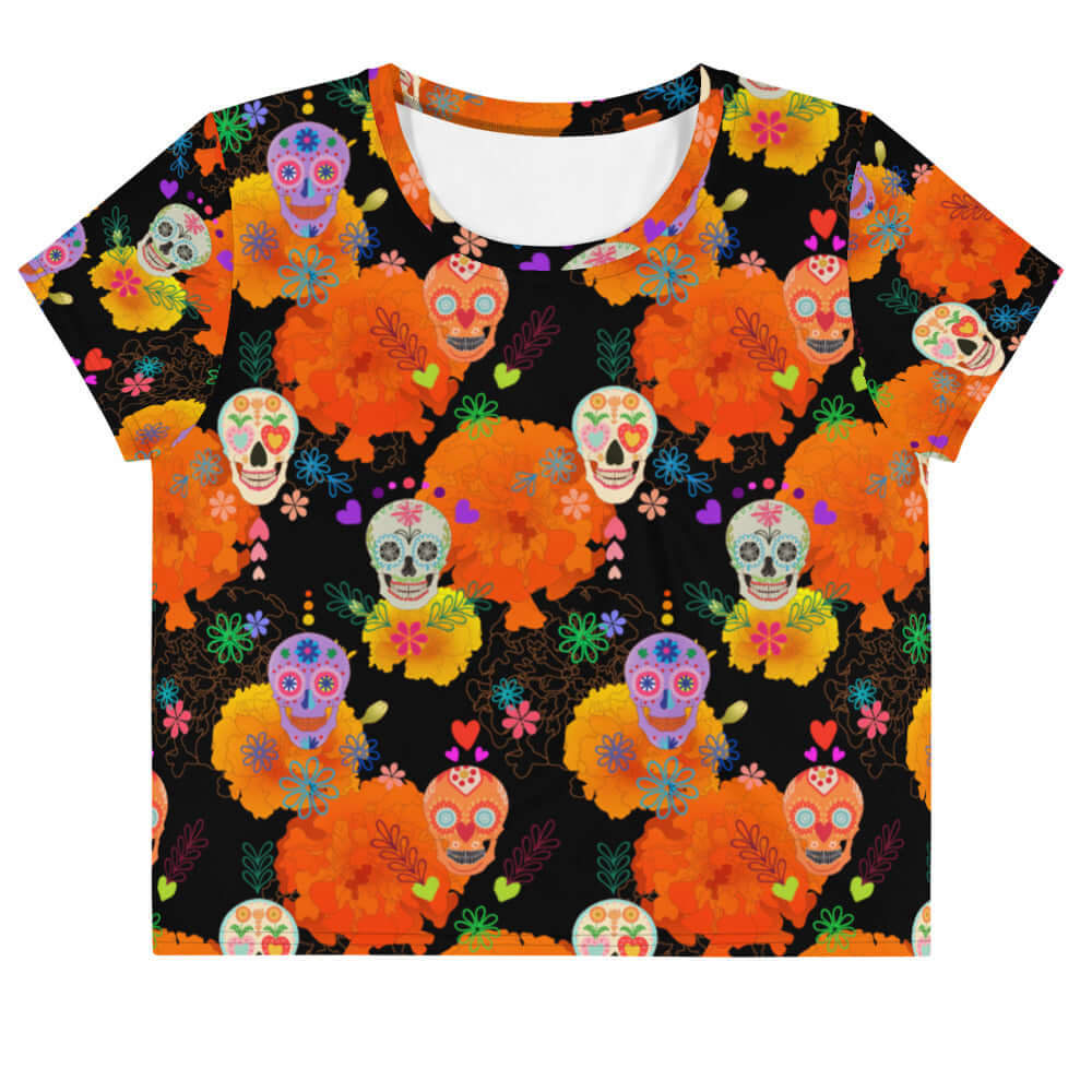 Colorful Sugar Skull Crop Top featuring vibrant designs, perfect for festive occasions and self-expression.