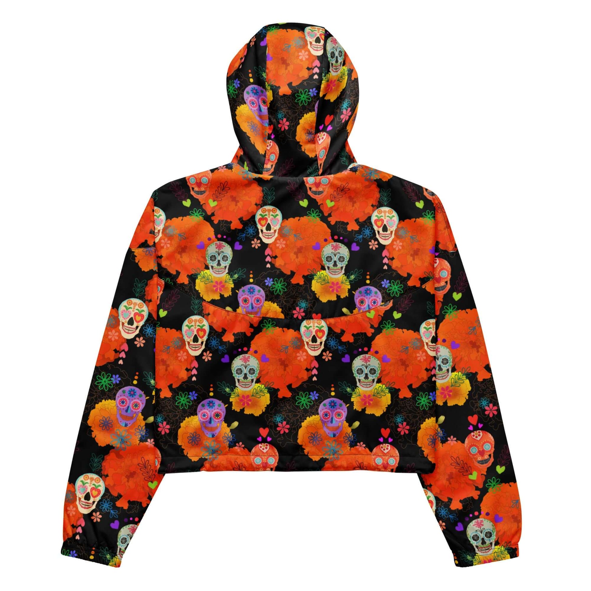 Colorful Sugar Skull cropped windbreaker showcasing vibrant designs, perfect for stylish outdoor adventures.