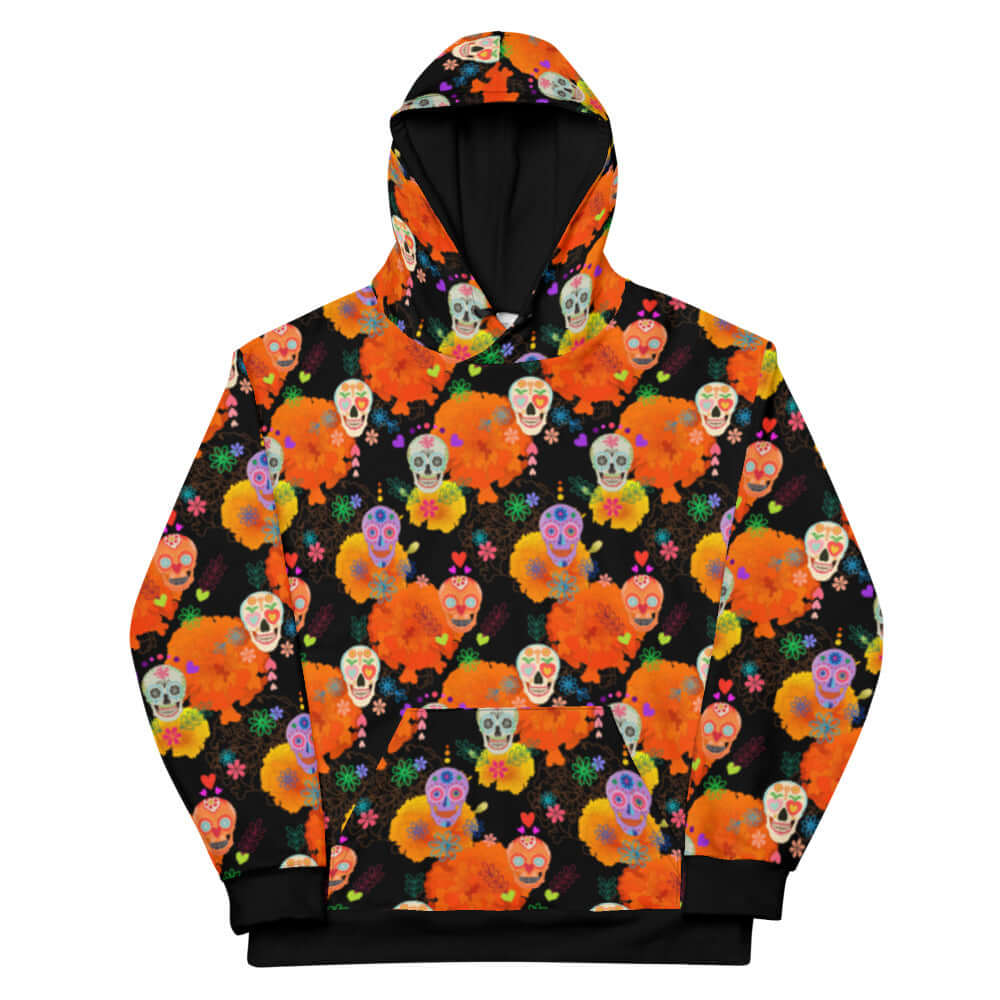 Colorful Sugar Skull Hoodie featuring vibrant designs, perfect for festivities or self-expression. Ideal for any occasion.