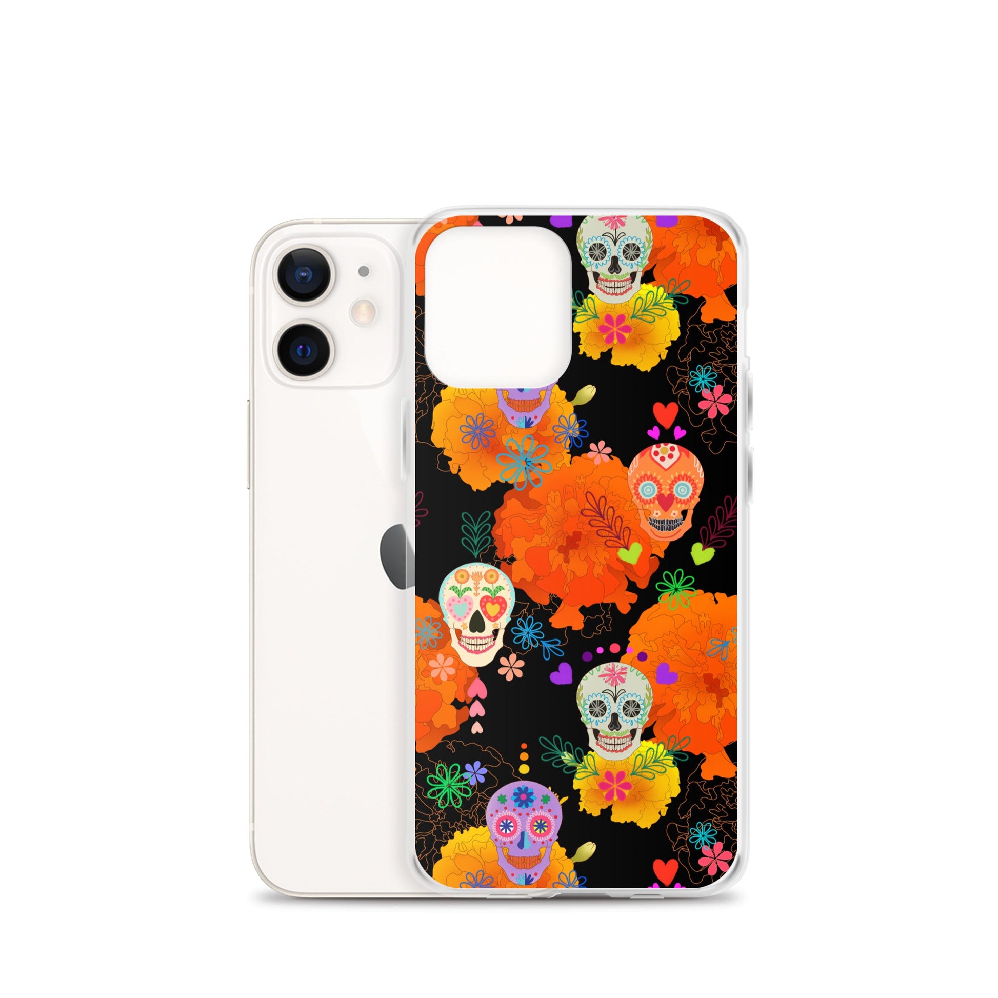 Vibrant Sugar Skull iPhone® Clear Case featuring colorful designs, offering protection from scratches and dirt.