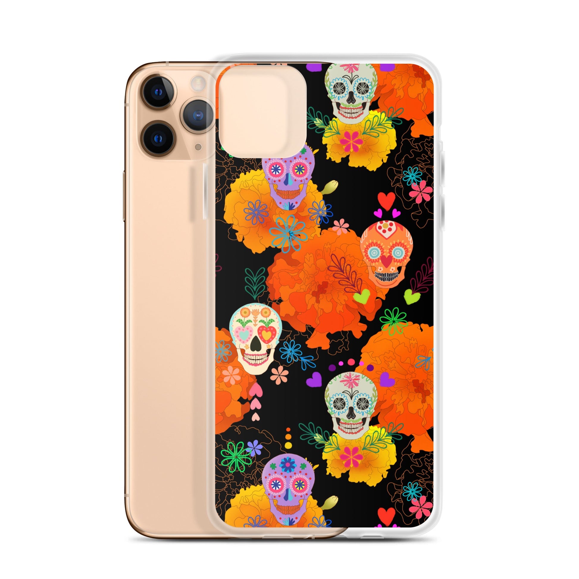 Colorful Sugar Skull iPhone® Clear Case featuring floral designs, providing stylish protection against scratches and dirt.