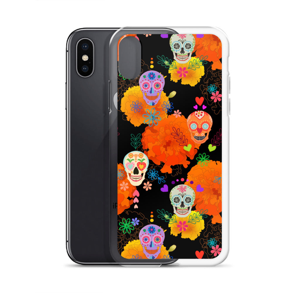 Vibrant Sugar Skull iPhone® Clear Case featuring colorful designs, offering great protection against scratches and dirt.
