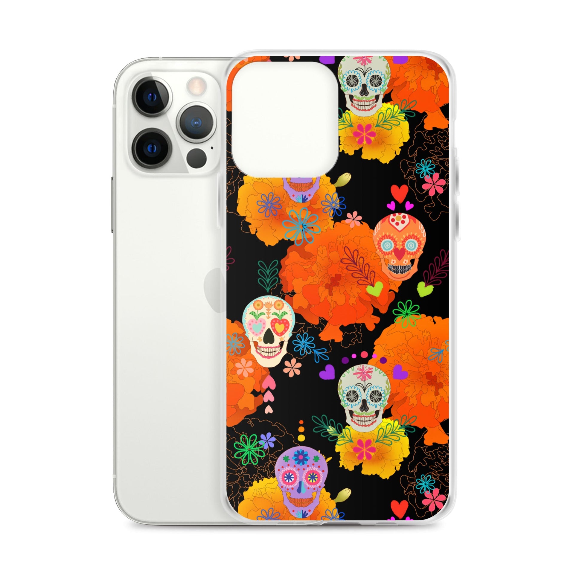 Vibrant Sugar Skull iPhone® Clear Case with floral design, offering protection from scratches and easy access to ports.