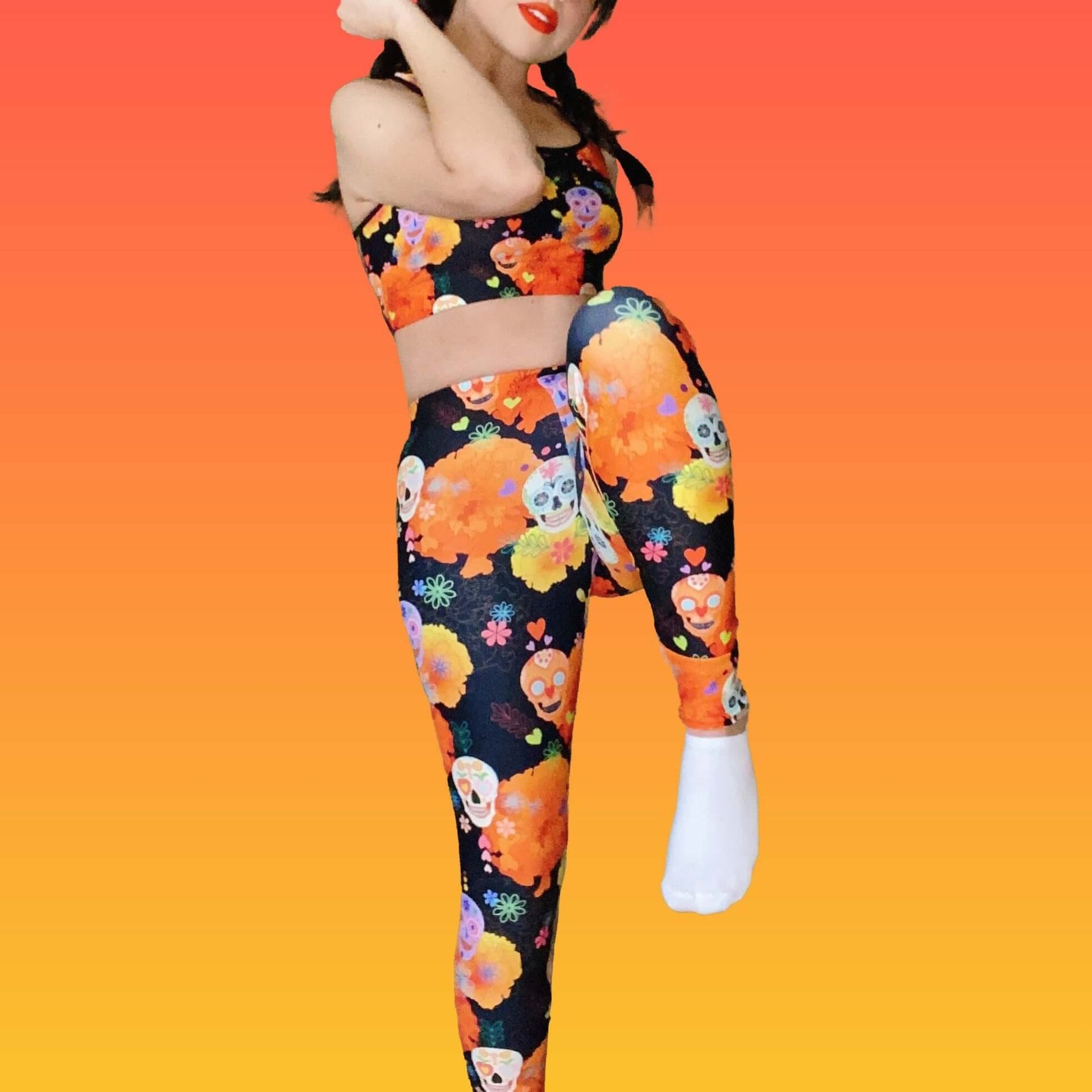 Bright and vibrant Sugar Skull Leggings feature colorful patterns, perfect for showcasing your unique style.
