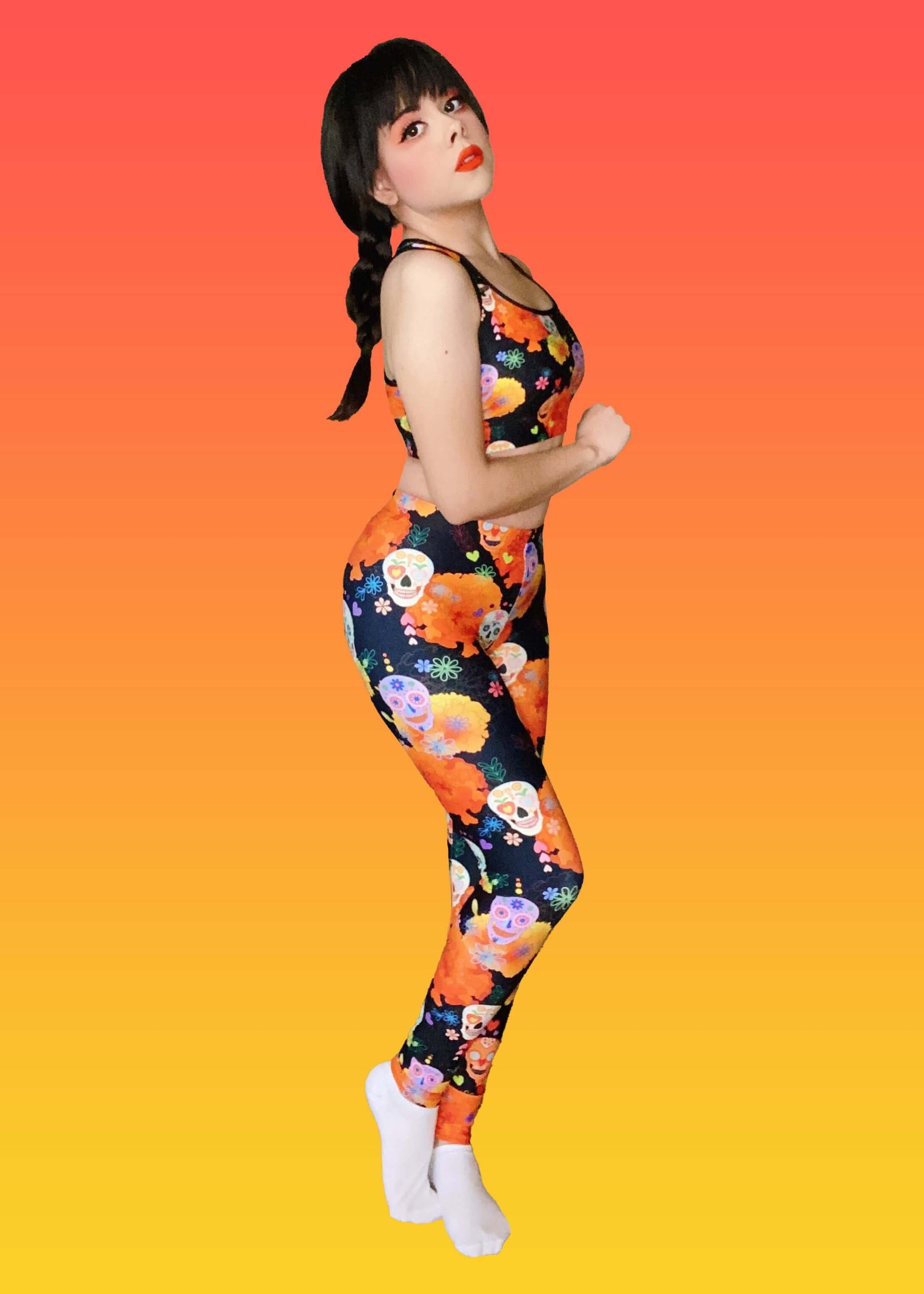 Vibrant Sugar Skull Leggings featuring colorful designs, perfect for showcasing your unique style.