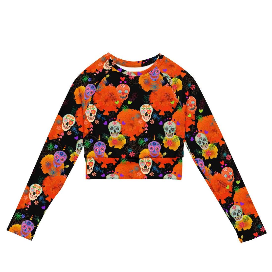 Bright and colorful Sugar Skull Long-sleeved Crop Top, ideal for athleisure and eco-friendly fashion.