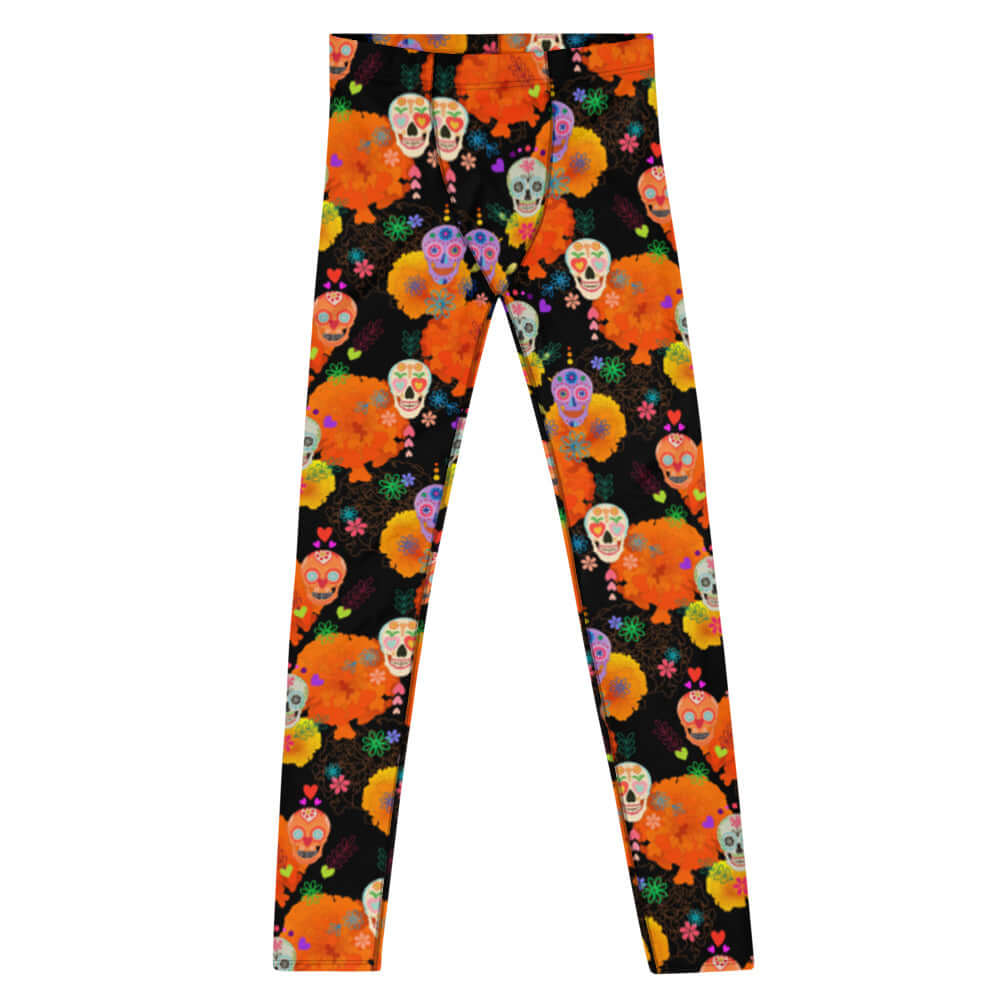 Colorful Sugar Skull Men's Leggings, perfect for workouts or casual wear, featuring vibrant patterns for a unique style.